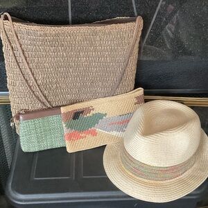 👣 Package - Beige Woven Tote Bag with Matching Hat and Clutch